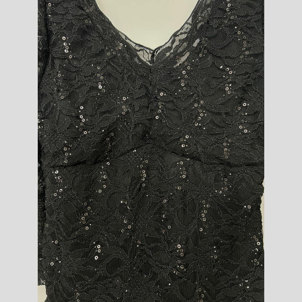 Boston Proper Black Lace Sequin V-Neck Top XL Made USA Y2K Evening Sheer Sleeves - Picture 9 of 11